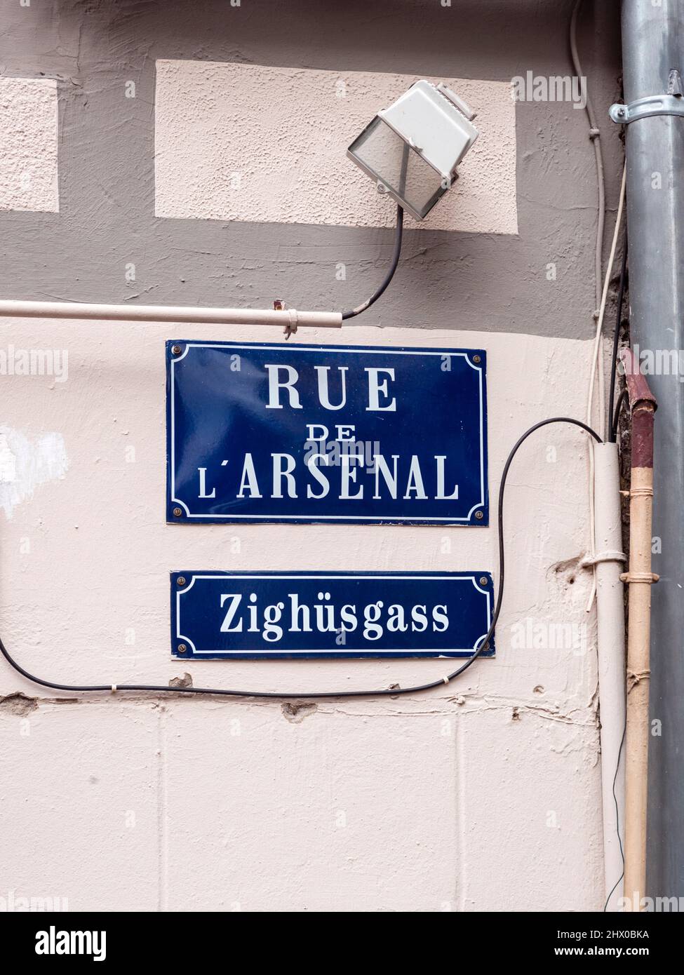 Bilingual street signs in French and Alsatian, Mulhouse/France Stock