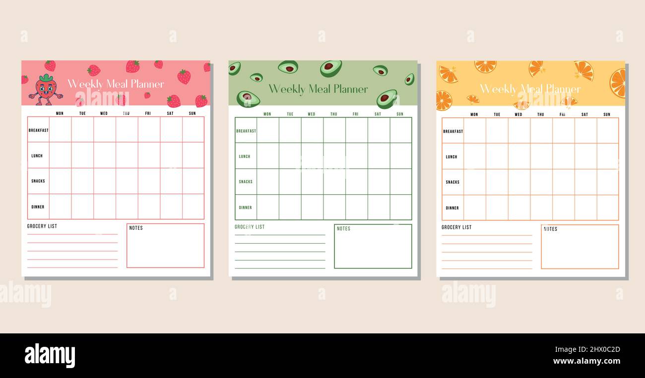 Set of 3 weekly meal planners and shopping grocery list, breakfast, lunch, dinner. Weekly template menu. Printable and digital planner Stock Vector