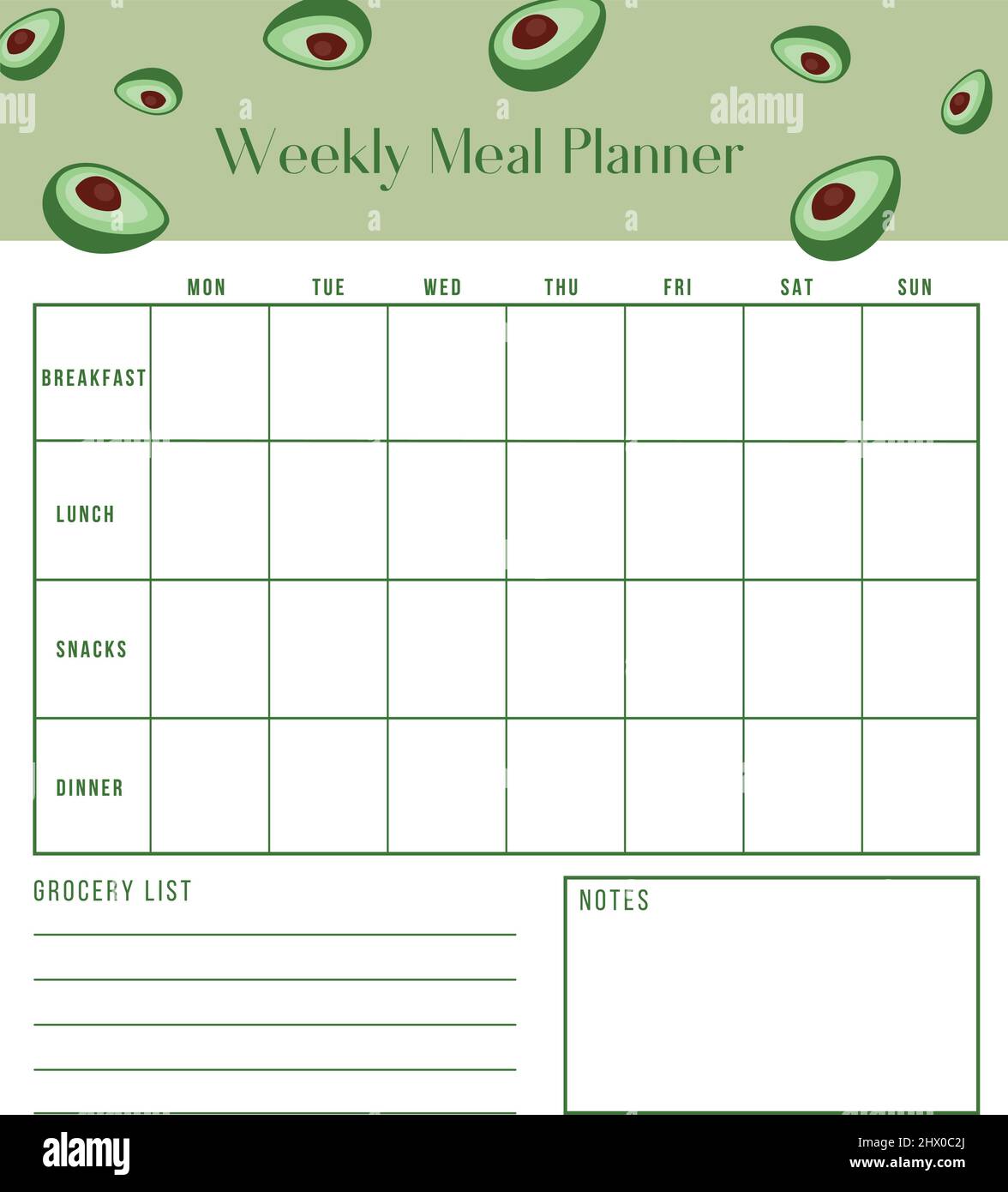 Weekly meal planner and shopping grocery list, breakfast, lunch, dinner. Weekly template menu. Printable and digital planner Stock Vector