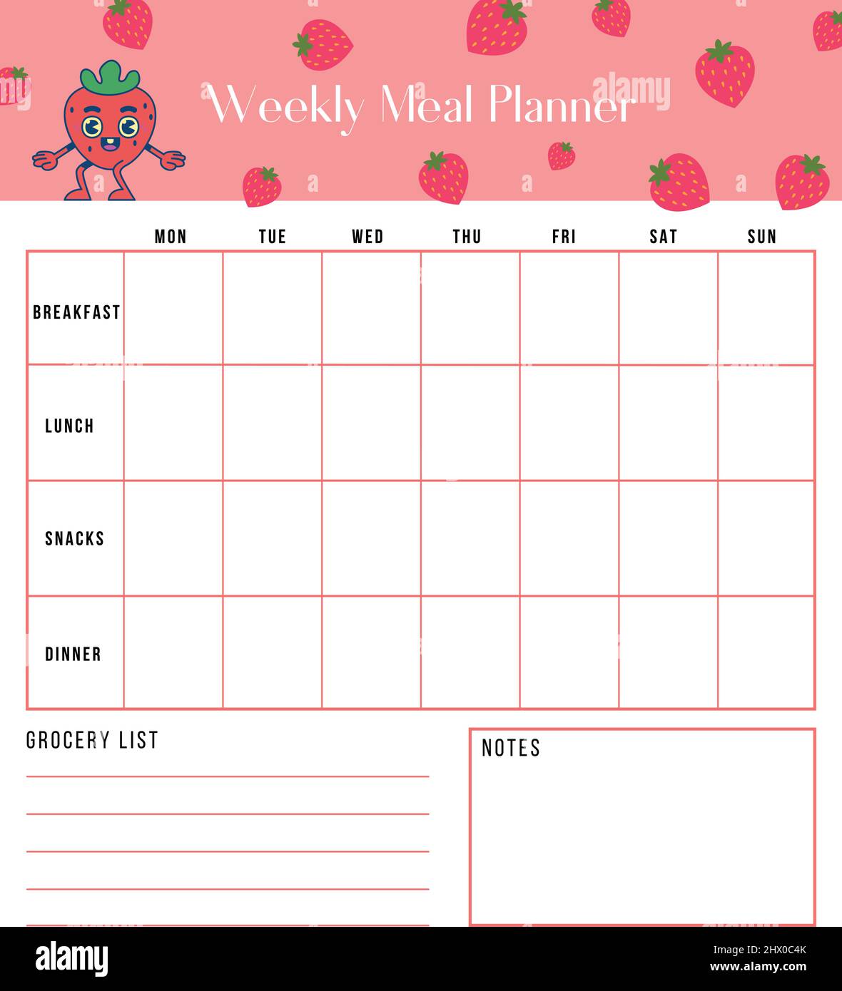 Strawberries weekly meal planner and shopping grocery list, breakfast, lunch, dinner. Weekly template menu. Printable planner Stock Vector