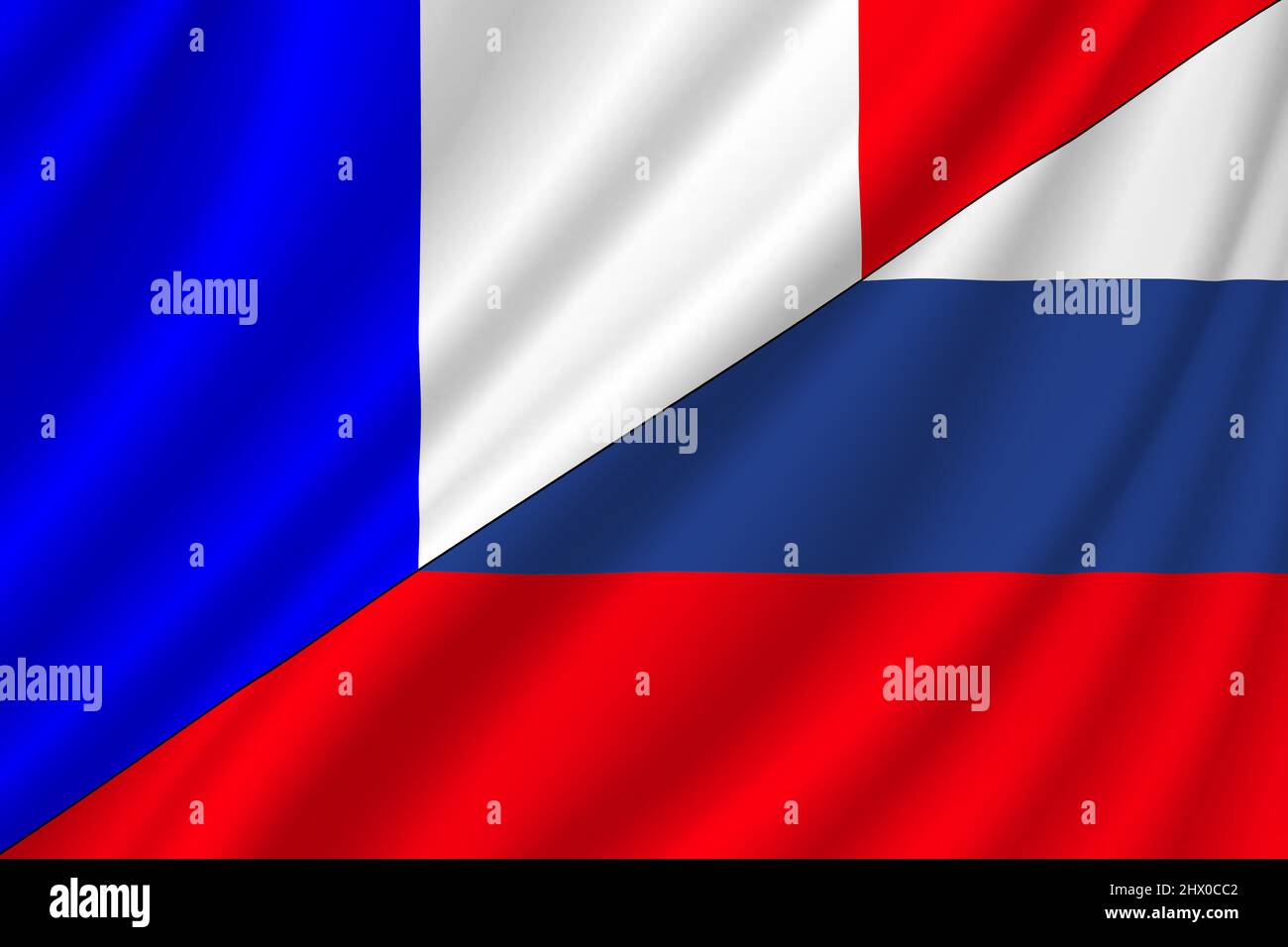 Conflict between Russia and France war concept. Russian flag and France flag background. Flag with ripples. Horizontal design. Illustration. Map. Stock Photo