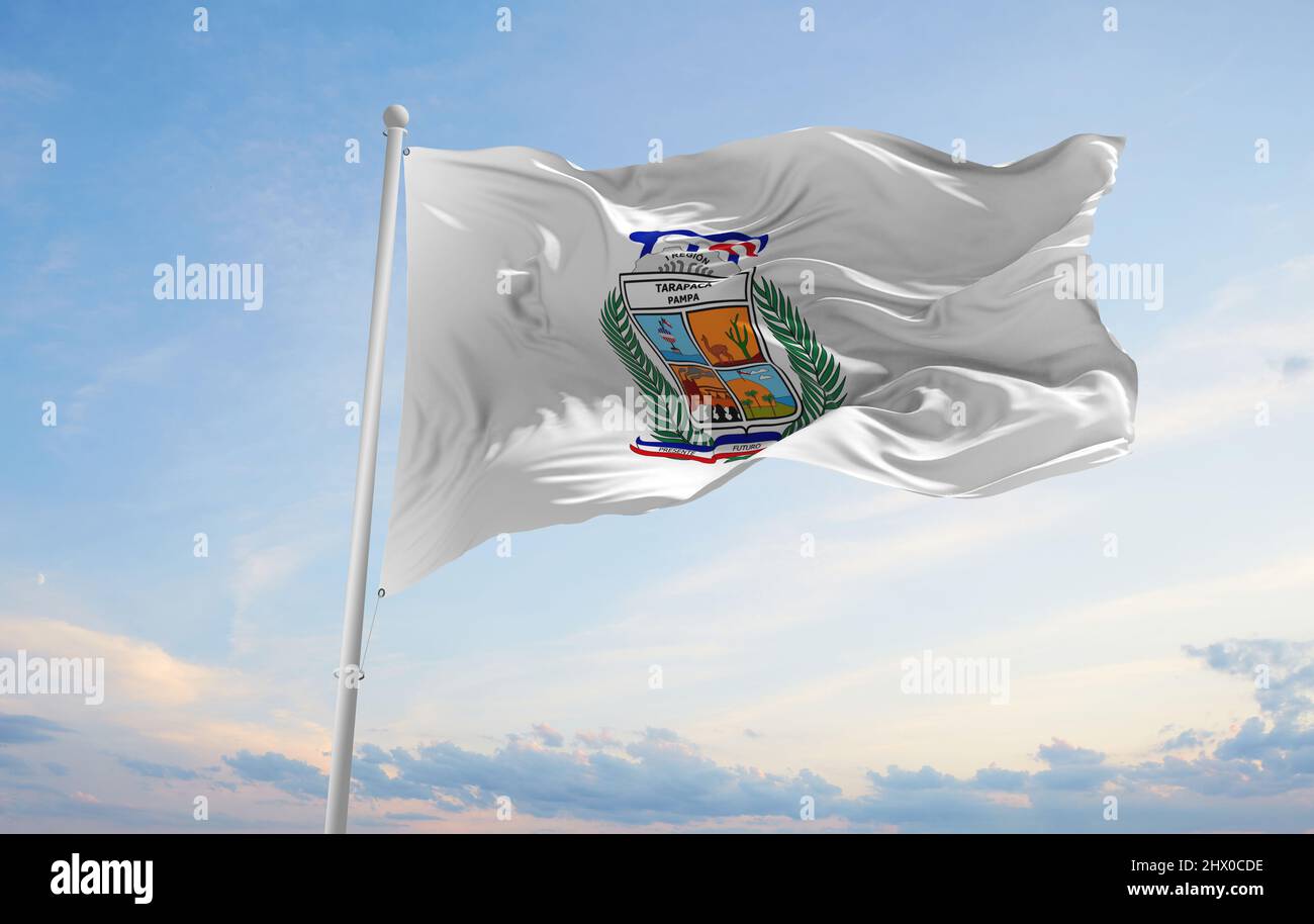 flag of Tarapaca , Chile at cloudy sky background on sunset, panoramic view. Chilean travel and patriot concept. copy space for wide banner. 3d illust Stock Photo