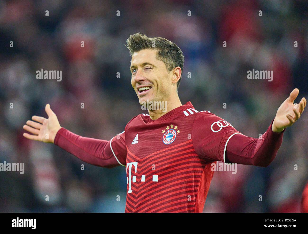 Munich, Mar 8, 2022. Robert LEWANDOWSKI, FCB 9 scores, shoots goal , Tor,  Treffer, Torschuss, 3-0, 11m, celebrates his goal, happy, laugh,  celebration, in the match FC BAYERN MUENCHEN - FC Red