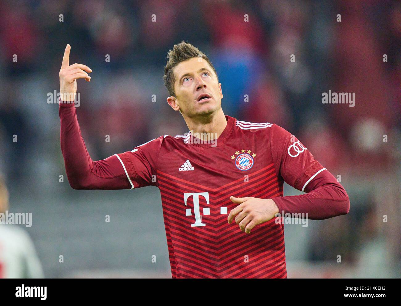 Munich, Mar 8, 2022. Robert LEWANDOWSKI, FCB 9 celebrates his goal, happy,  laugh, celebration, 1-0 in the match FC BAYERN MUENCHEN - FC Red Bull  SALZBURG of football UEFA Champions League, round