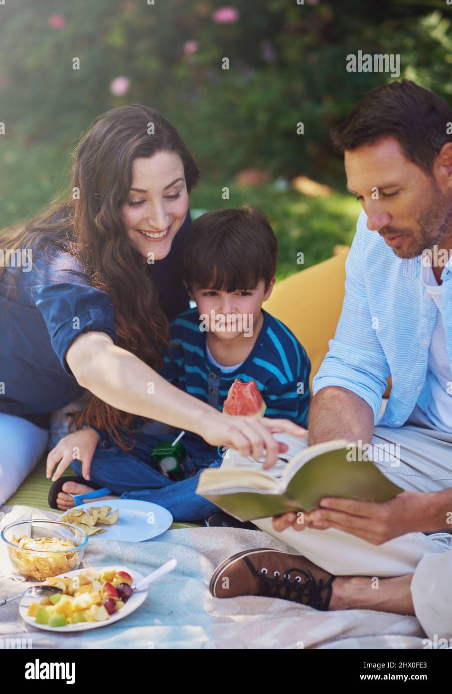 Their favourite story to read as a family. Shot of a parents reading a book to their son during a picnic in the park. Stock Photo