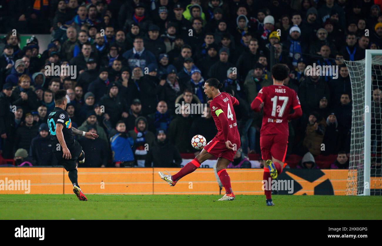 Inter Milan's Lautaro Martinez scores their side's first goal of the game  during the UEFA Champions League round of sixteen second leg match at  Anfield, Liverpool. Picture date: Tuesday March 8, 2022