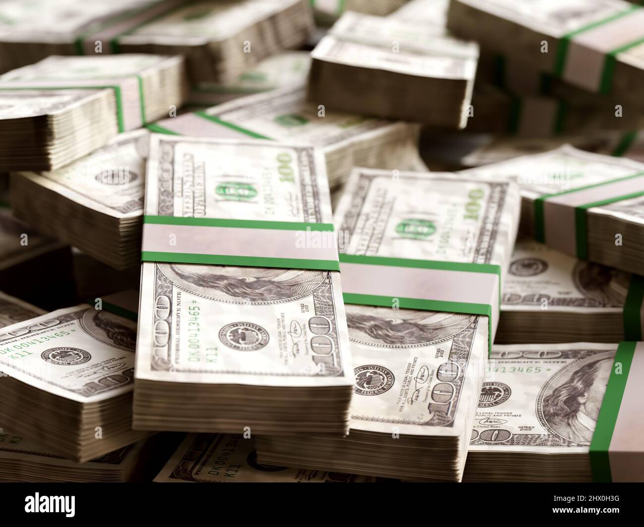 3D rendering of pile of 100 dollar banknote wads Stock Photo