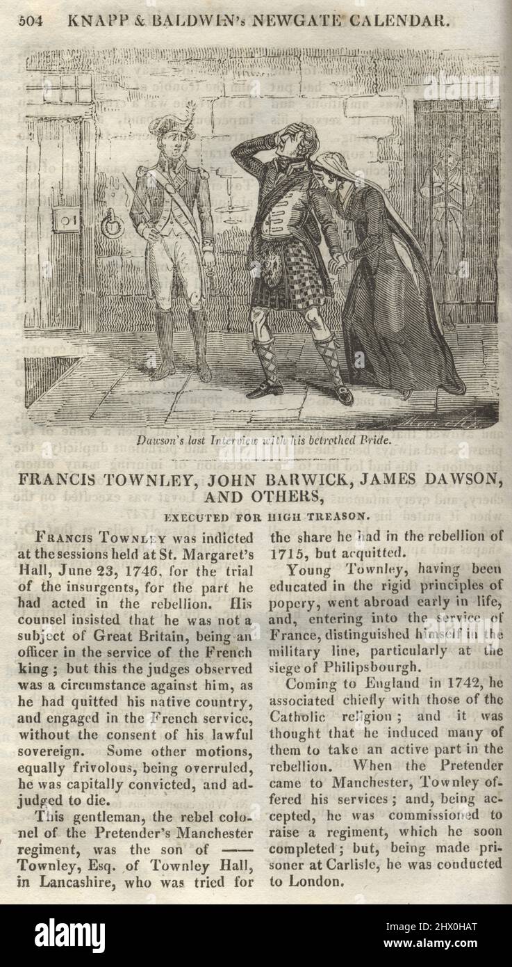 Page from the Newgate Calendar, FRANCIS TOWNLEY, JEMMY DAWSON AND OTHERS Lesser rebels against his Majesty, Jacobite rising of 1745 Stock Photo