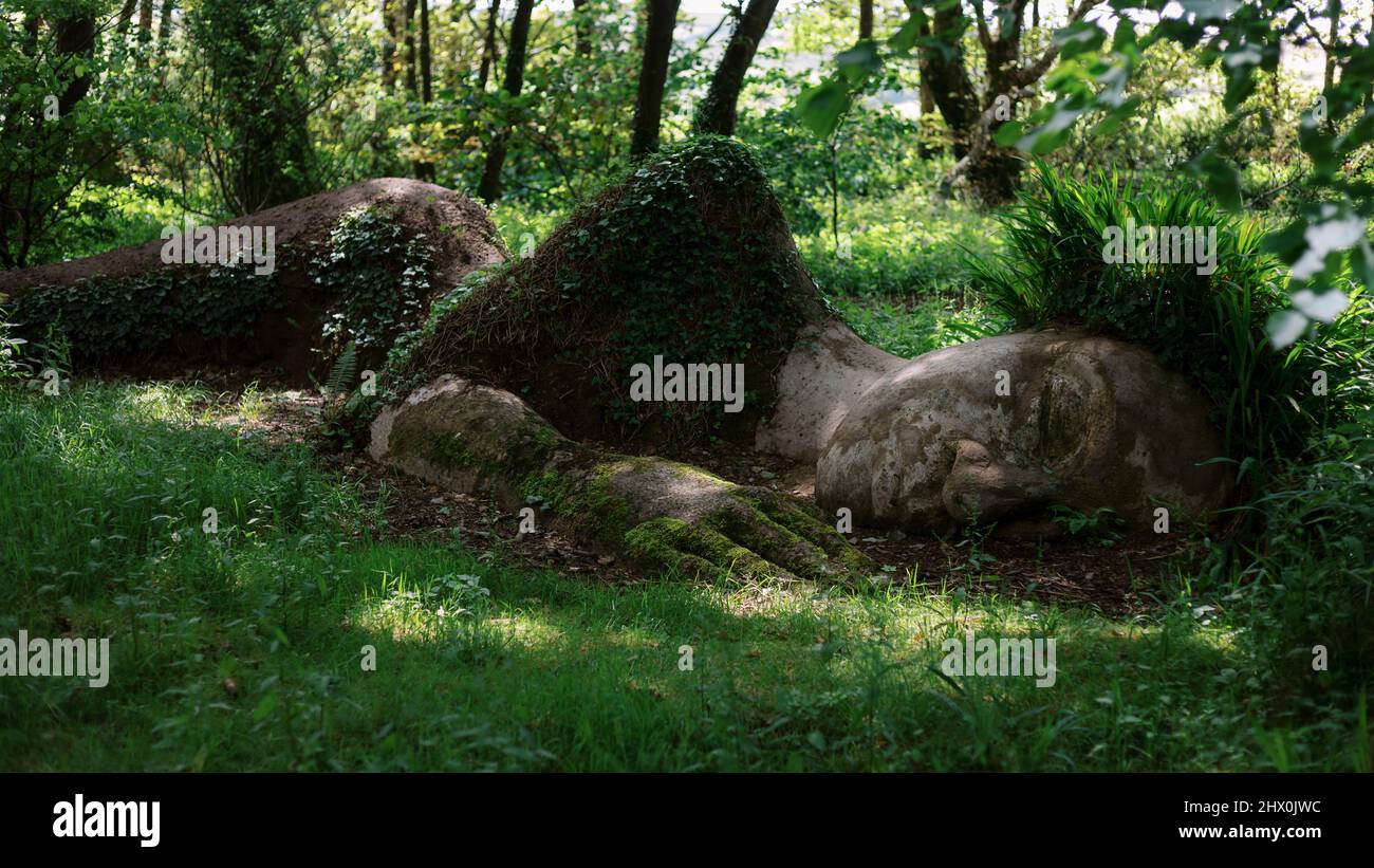 The Sleeping Lady 'Mud Maid' sculpture, Lost Gardens of Heligan, Cornwall, England, UK Stock Photo
