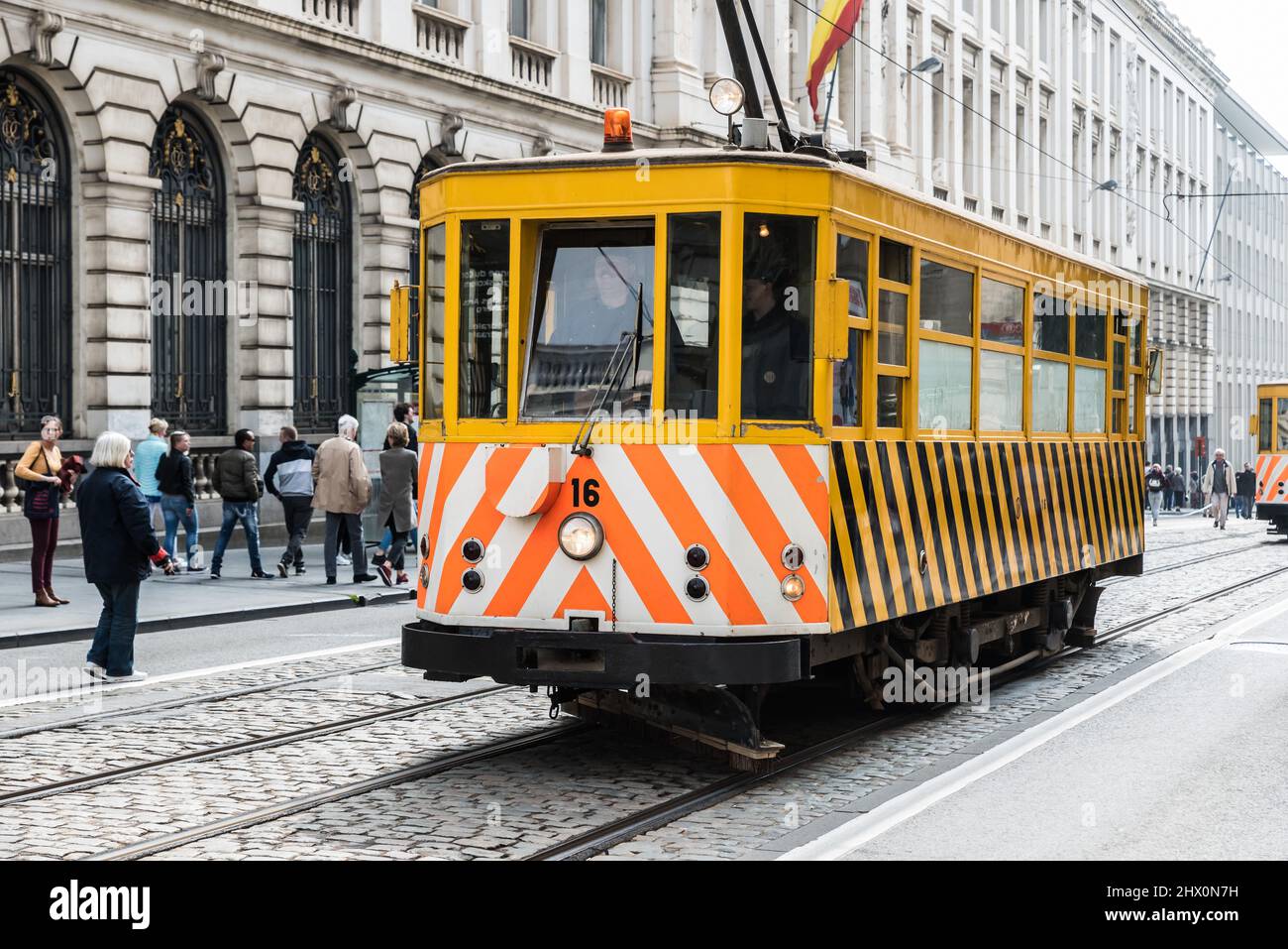 Brussels Old Town, Brussels Capital Region - Belgium - 05 01 2019 - Service tram for towing and reparation during the 150 tramways celebration Stock Photo