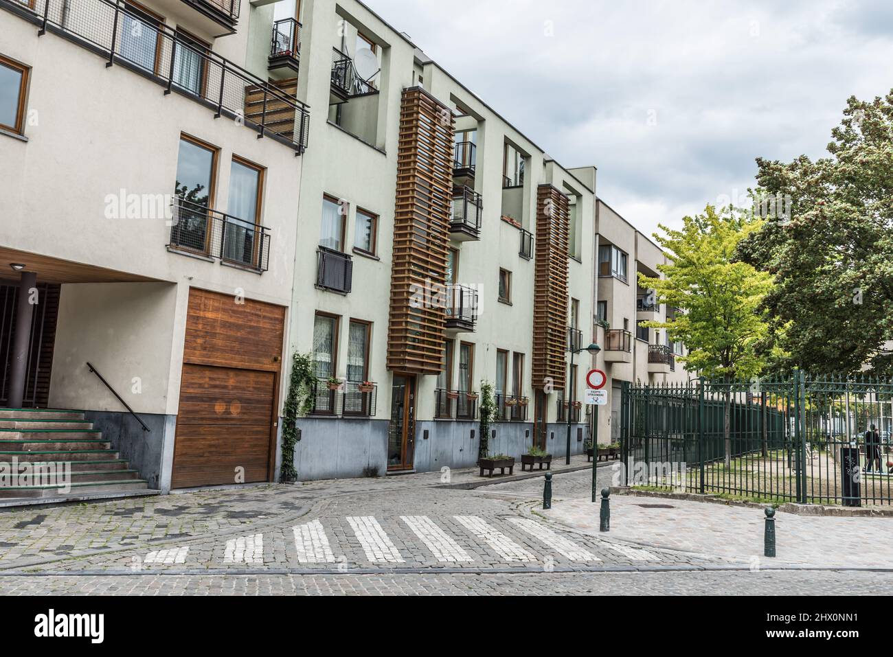 Brussels Old Town - Belgium - 06 07 2019 - Renovated apartment blocks in upperclass style at the poor borrow of the Rempart des Moins, The Monks Rampa Stock Photo