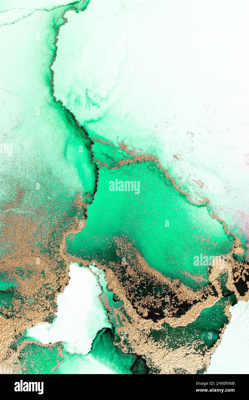 Green gold abstract background of marble liquid ink art painting on ...