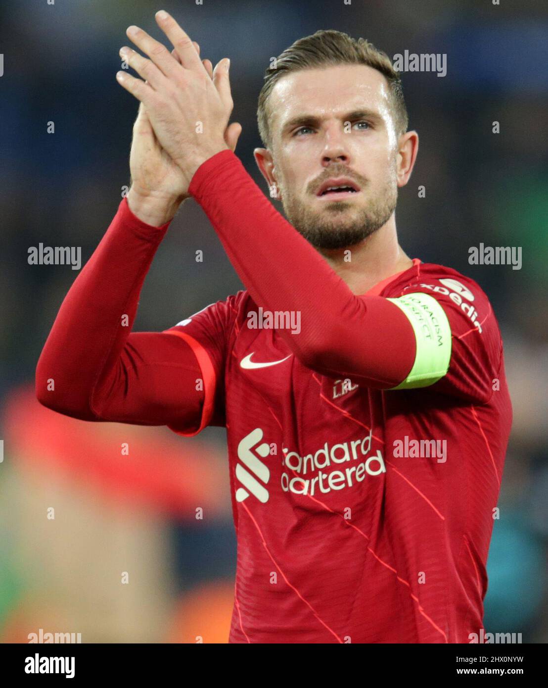 8th March 2022 ; Anfield, Liverpool, England; Champions League football, Liverpool versus Inter Milan : Jordan Henderson of Liverpool returns the applause of the supporters Stock Photo