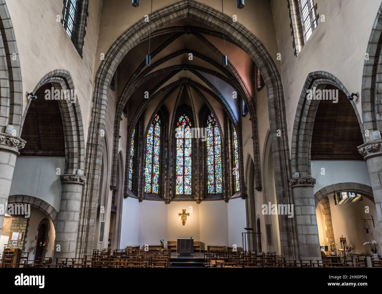 Brussels Old Town - Belgium - 06 25 2019 Interior design of the chapel of the Madeleine in late Brabant Gothic style Stock Photo