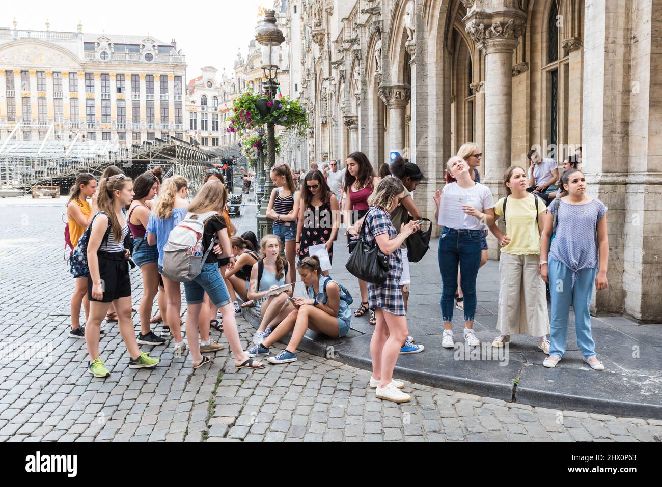 Brussels Old Town Belgium 06 25 2019 Schoolgroup of teenage girls from a Polish highschool