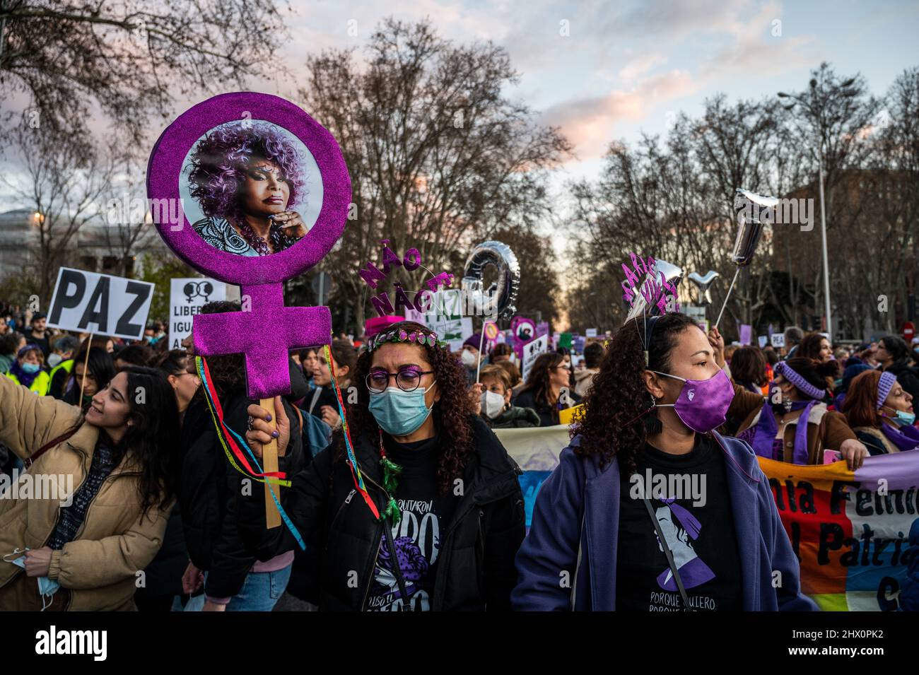 Madrid, Spain. 08th Mar, 2022. Women are seen during a demonstration for the International Women's Day. Thousands of people marched through downtown Madrid demanding equal rights and protesting against gender violence. Credit: Marcos del Mazo/Alamy Live News Stock Photo