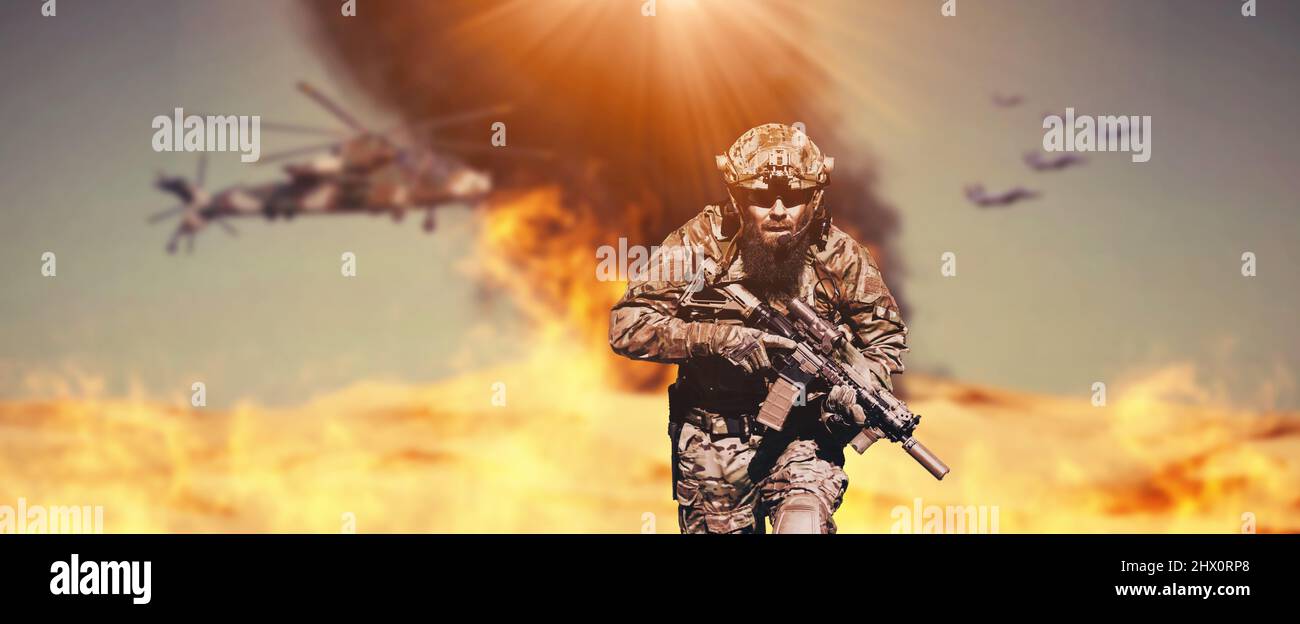 A bearded soldier in uniform of special forces in a dangerous military