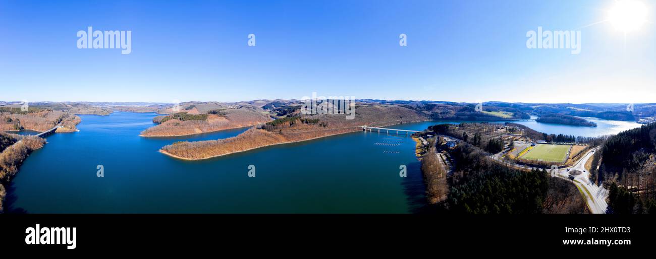 the bigge lake in the german sauerland winter sun panorama from above Stock Photo