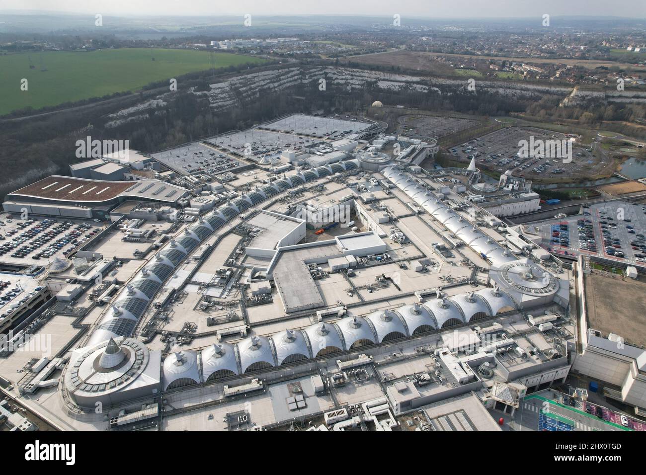 Bluewater Shopping Centre  Greenhithe Kent UK  aerial drone view Stock Photo