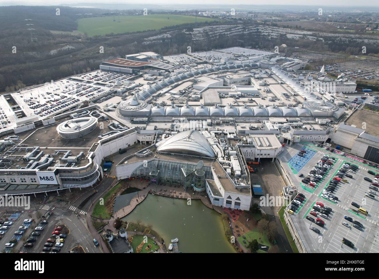 Bluewater Shopping Centre  Greenhithe Kent UK  aerial drone view Stock Photo