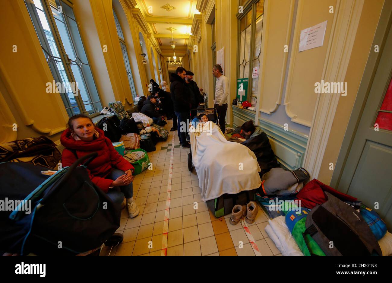 Poland, 08/03/2022, Civilians from Ukraine depart from Przemysl railway station in Poland, by train to reach other Polish cities due to the ongoing Russian attacks on Ukraine. Stock Photo