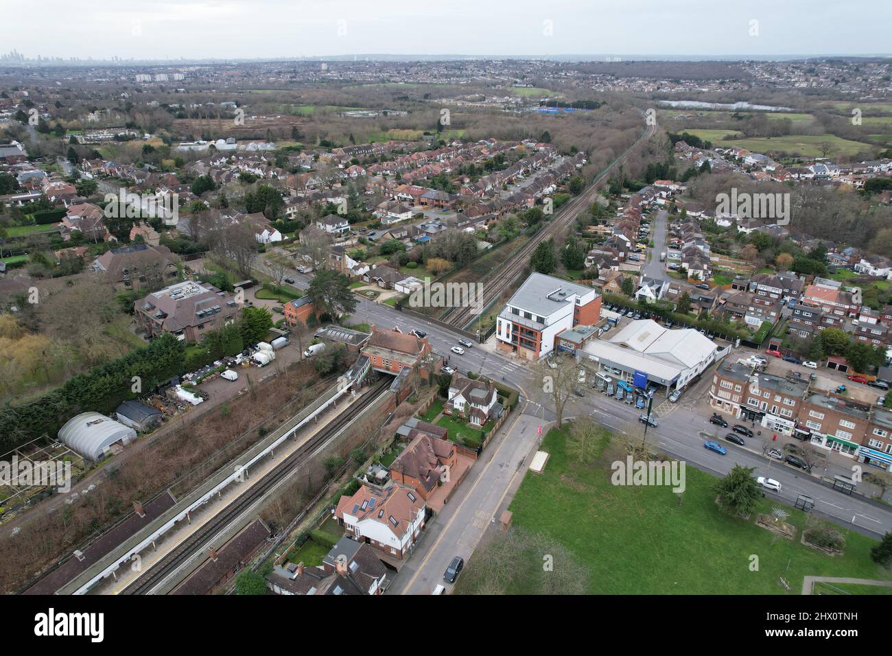Chigwell Essex UK drone aerial view High street and residential roads Stock Photo