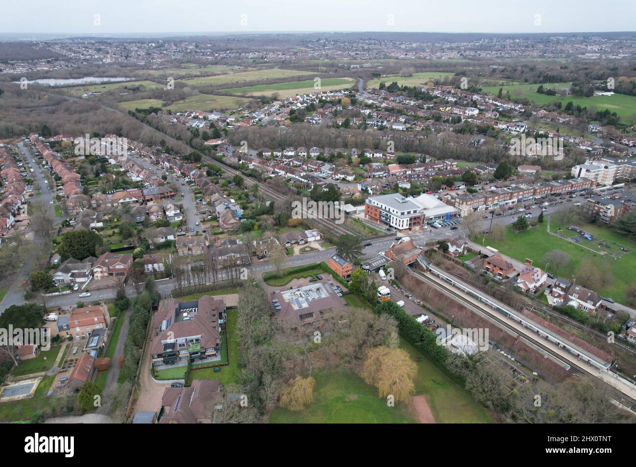 Chigwell Essex UK drone aerial view High street and residential roads