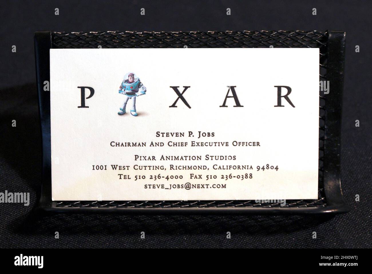 A 1990s Steve Jobs Pixar Animation Studios personal business card is  pictured during a preview of items offered in RR Auction's 