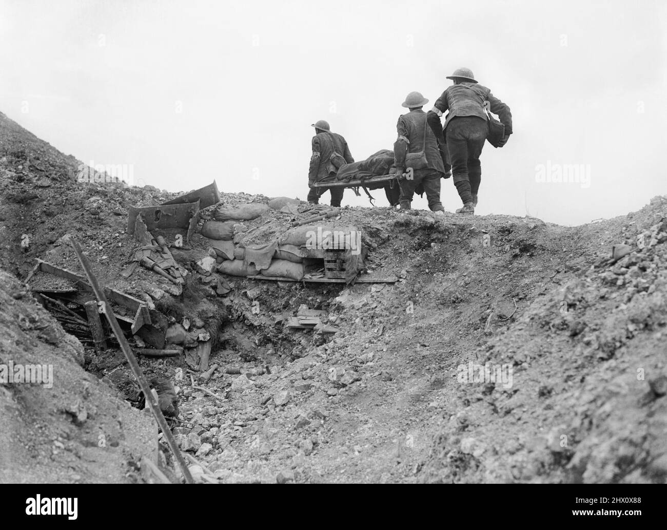 Stretcher bearers going out into No Man's Land to recover the wounded. Stock Photo