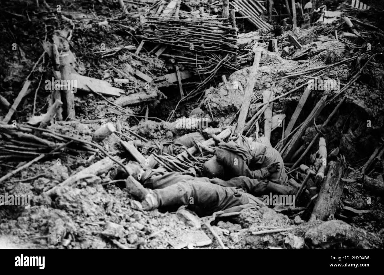 Smashed up German trench on Messines Ridge with dead, during the Battle of Passchendaele Stock Photo