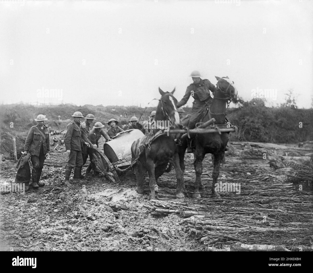 British soldiers try to rescue a horse-drawn water cart, which has become stuck in mud up to the axle at St. Eloi, 11 August 1917. One wheel and the back leg of one of the horses has become stuck after coming off the edge of the brushwood track. Stock Photo