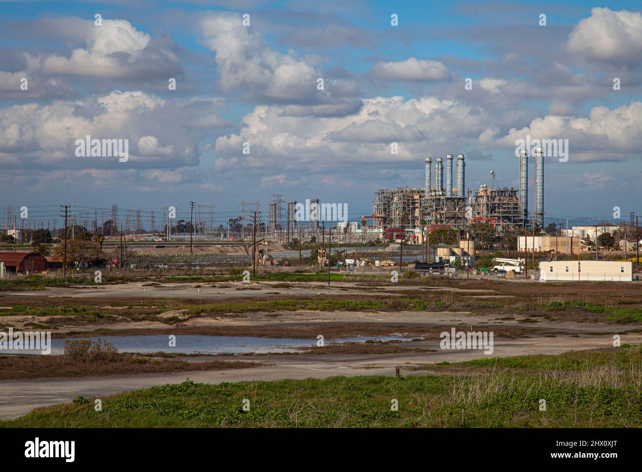Los Cerritos Wetlands, once a thriving wetlands, is now mostly privately owned and used for oil extraction and processing operations. Long Beach, Cali Stock Photo