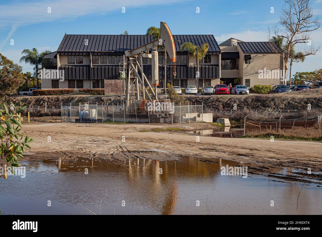 Los Cerritos Wetlands, once a thriving wetlands, is now mostly privately owned and used for oil extraction and processing operations. Long Beach, Cali Stock Photo
