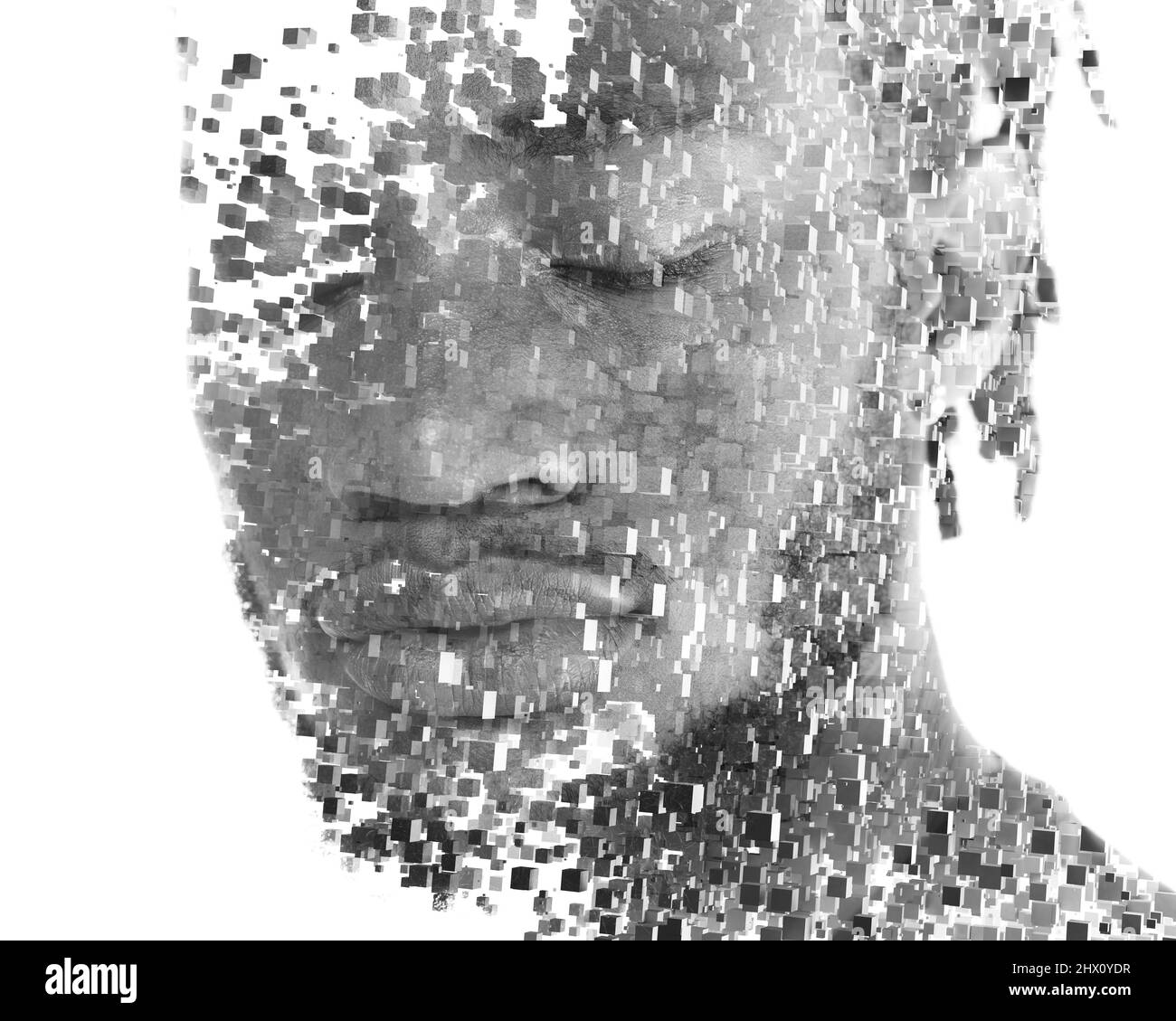 Dramatic portrait of a young black man combined with computer graphics Stock Photo