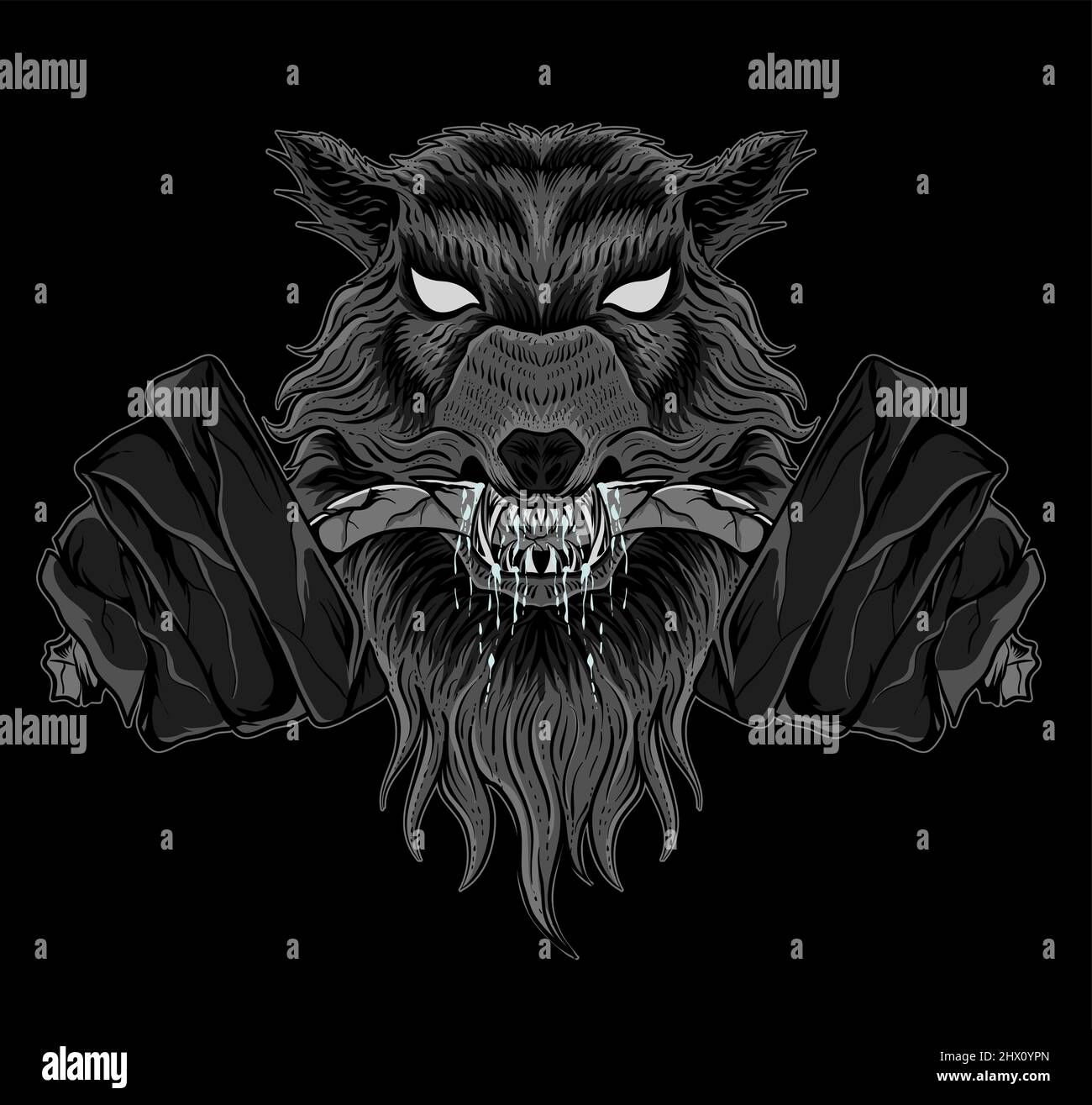 illustration vector angry wolf head with barbel Stock Vector