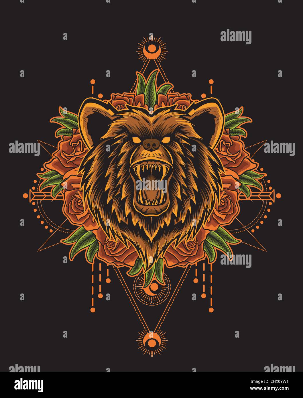 illustration vector angry bear head with rose flower Stock Vector
