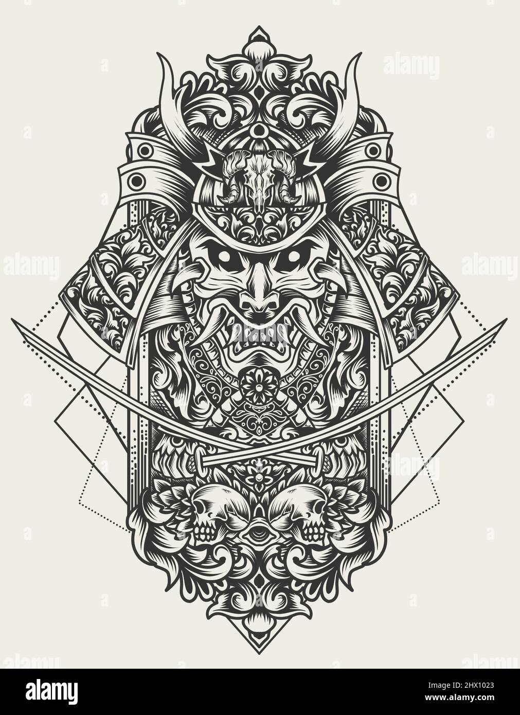 illustration vector samurai ornament head monochrome style Stock Vector ...