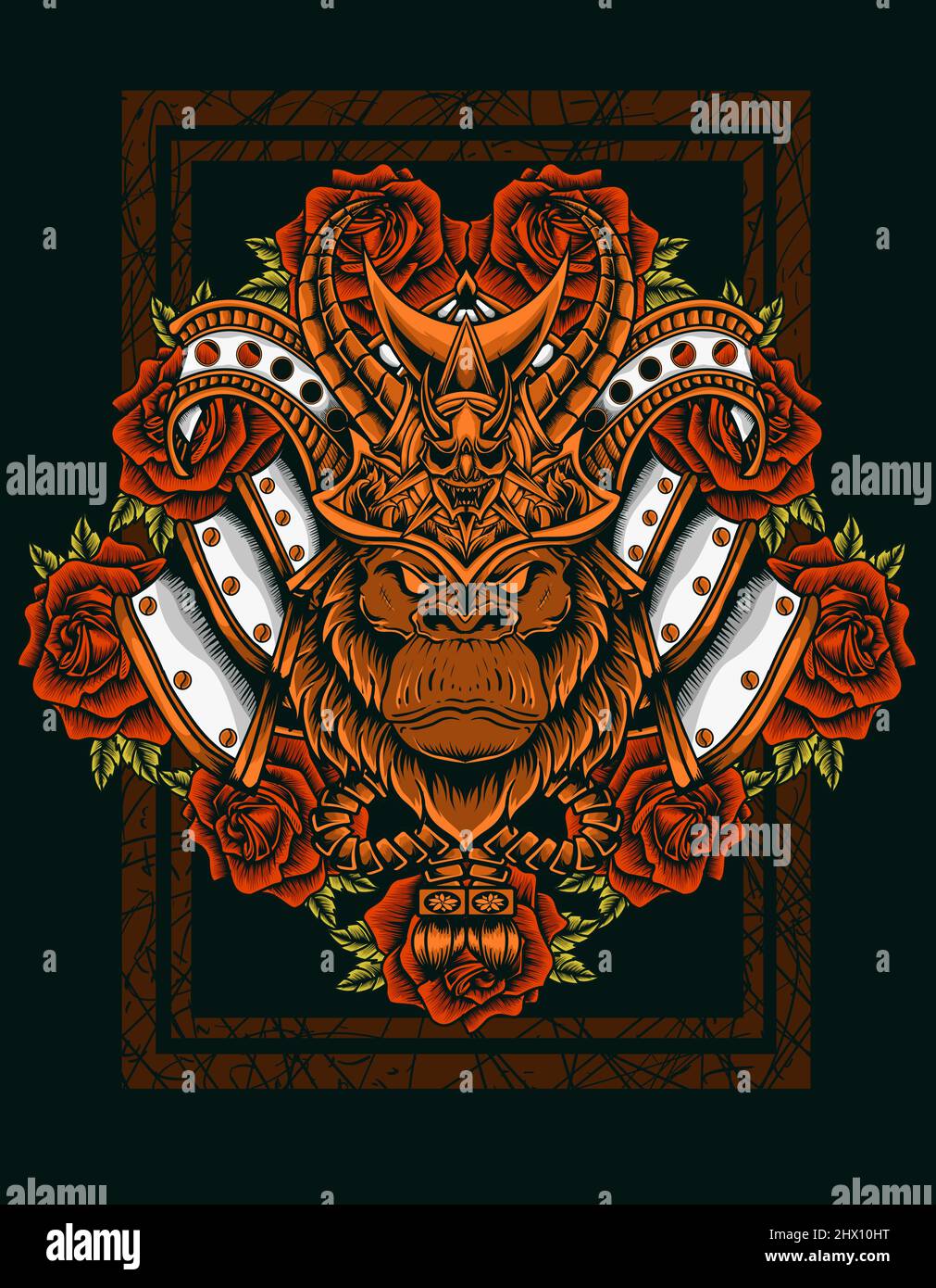 illustration vector gorilla samurai head with rose flower Stock Vector