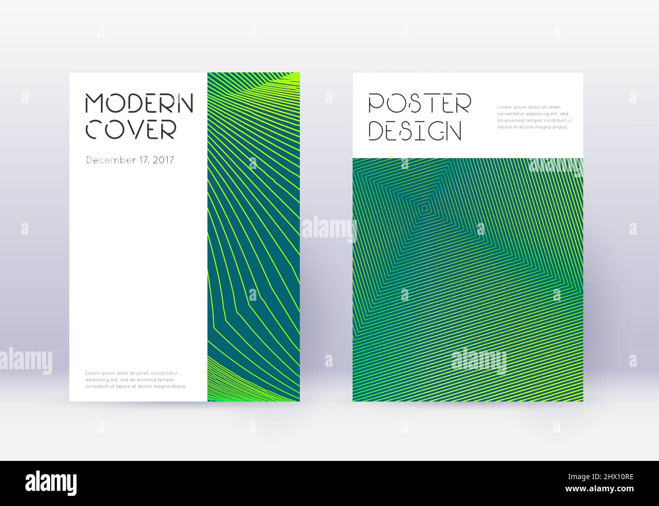 Minimal cover design template set. Green abstract lines on dark