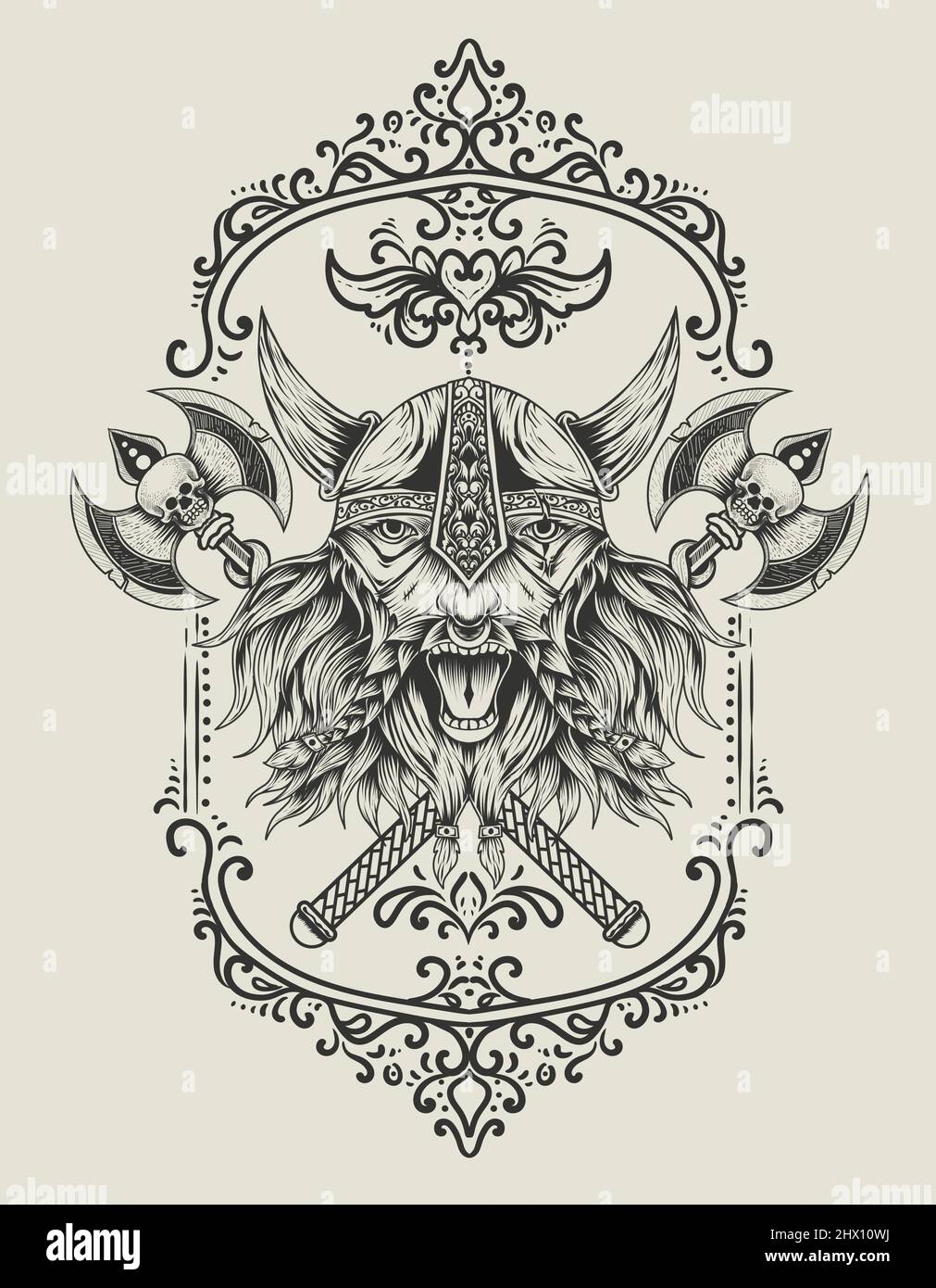 illustration vector viking head with two ax Stock Vector