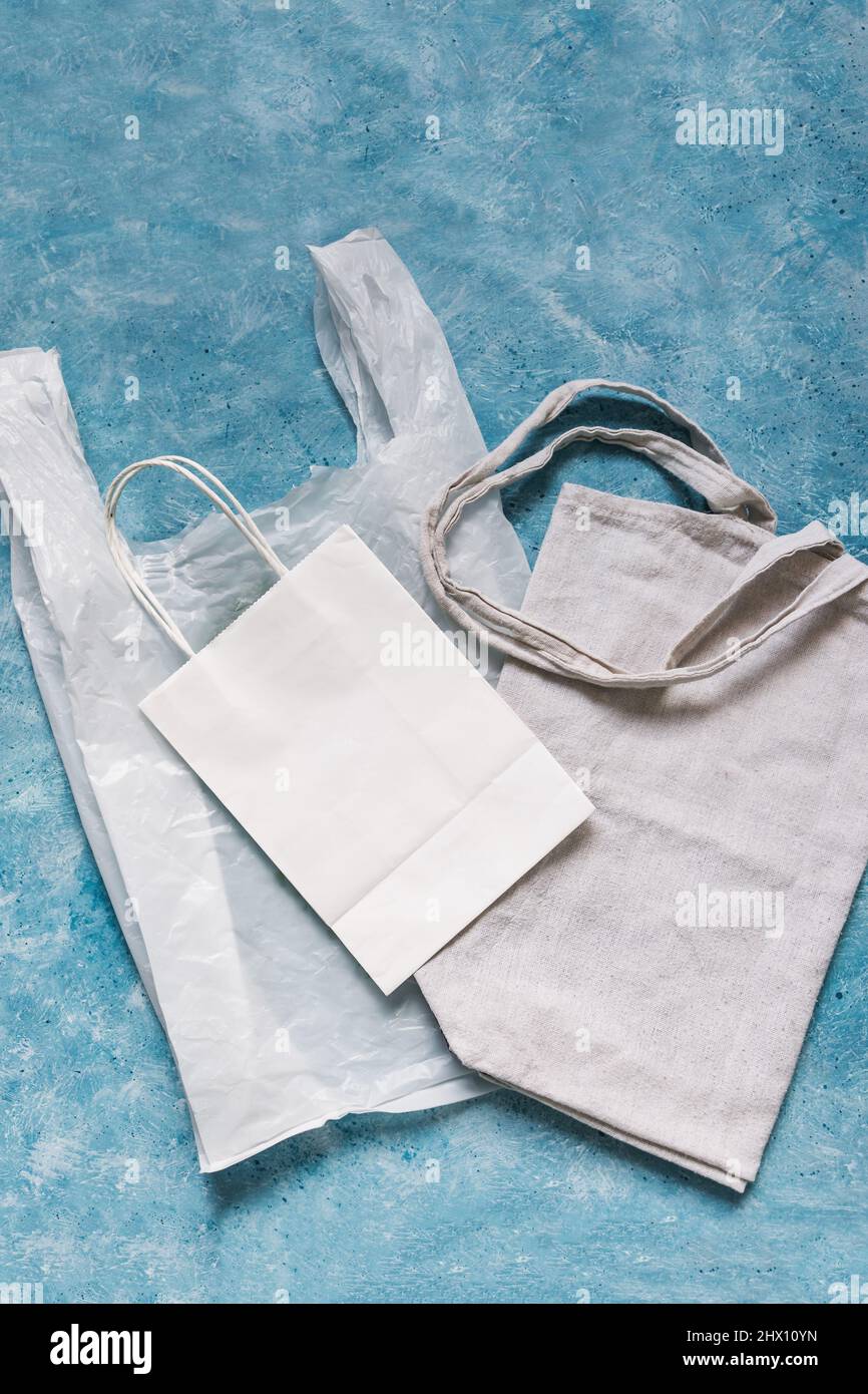 single use plastic bag next to paper and reusable canvas ones, plastic