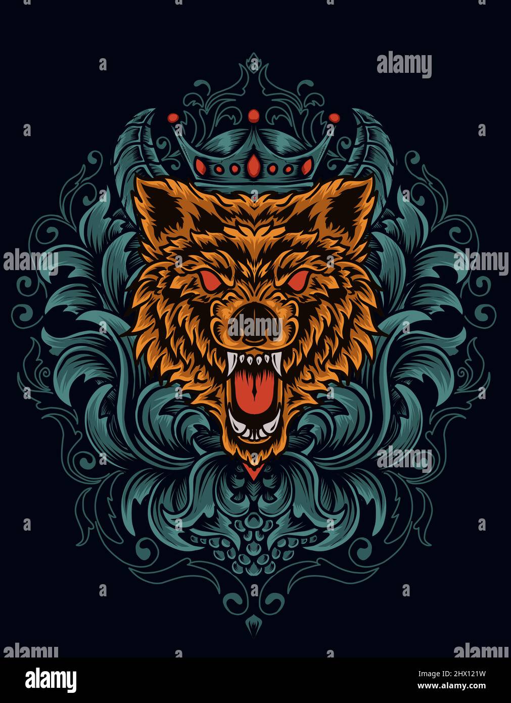 illustration vector angry wolf head with antique ornament Stock Vector