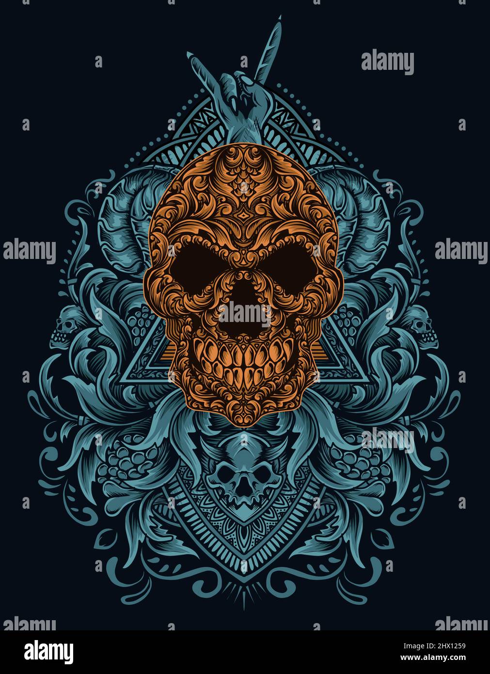 illustration vector skull head with antique engraving ornament style ...
