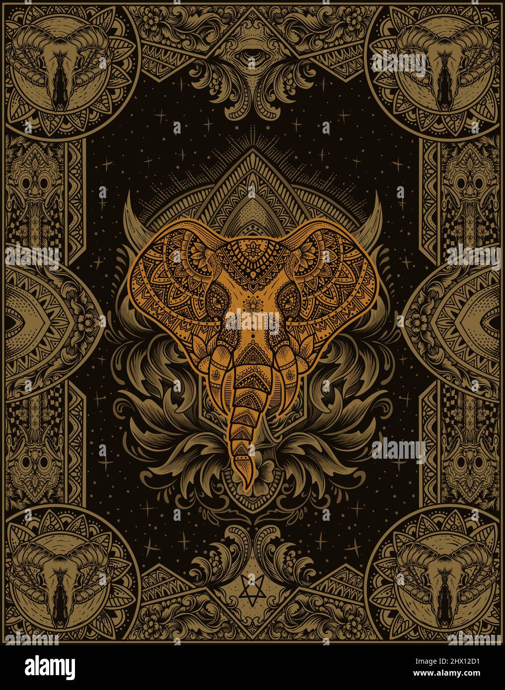 illustration elephant head with vintage mandala ornament style Stock ...