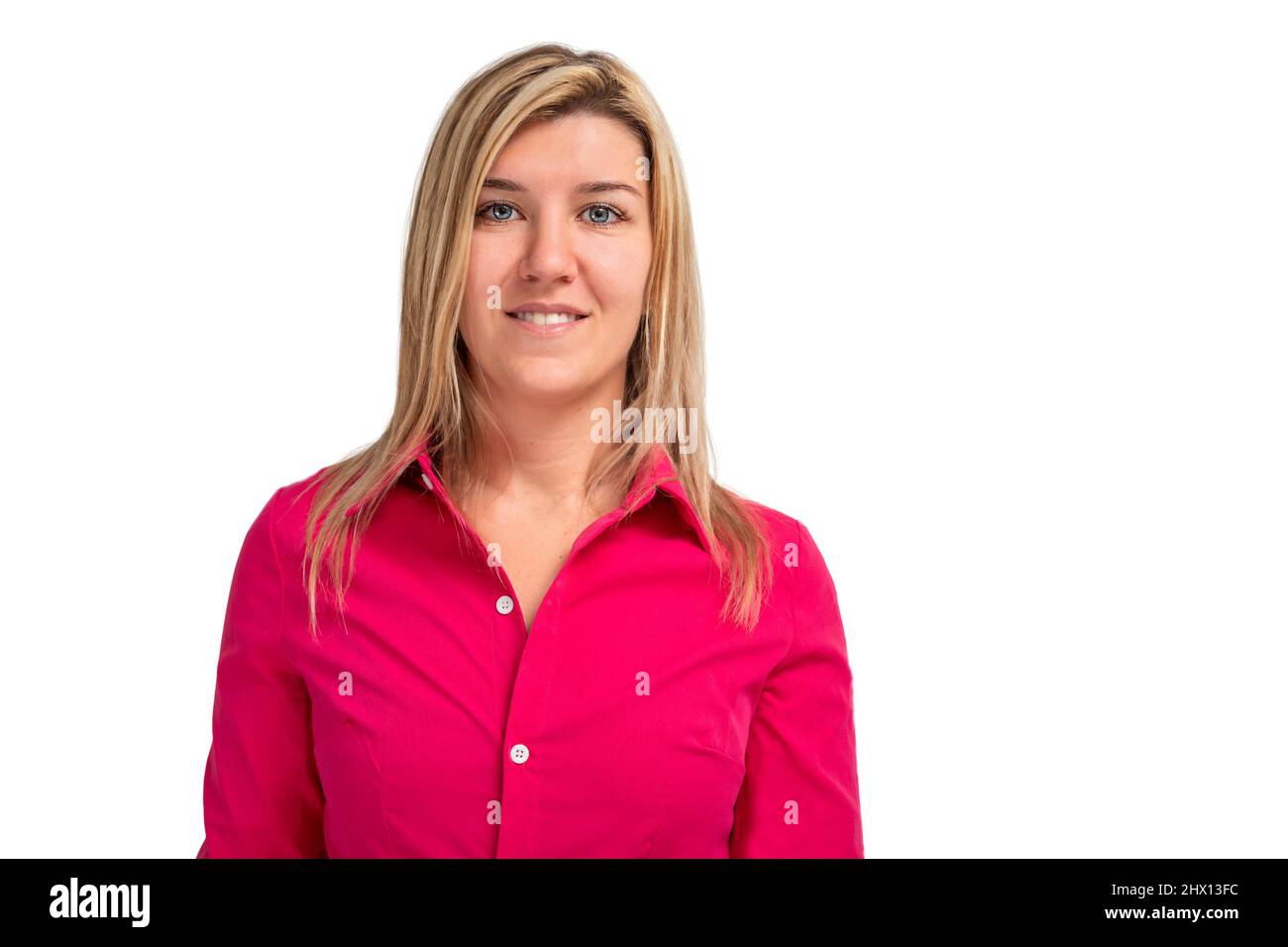 Portrait of business woman in pink shirt isolated on white background Stock Photo