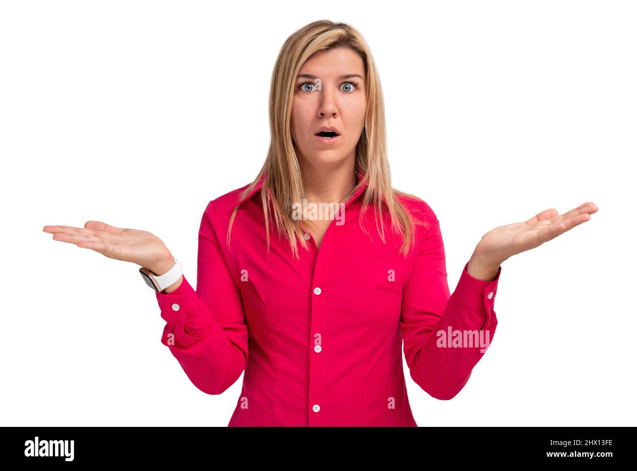 Portrait of successful business woman surprised isolated on white ...