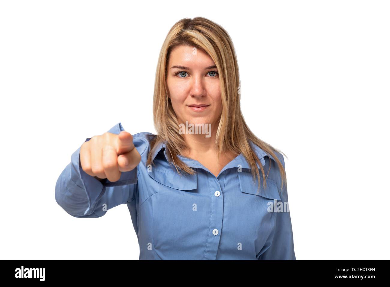Businesswoman pointing her index finger towards the camera at you isolated on white background Stock Photo