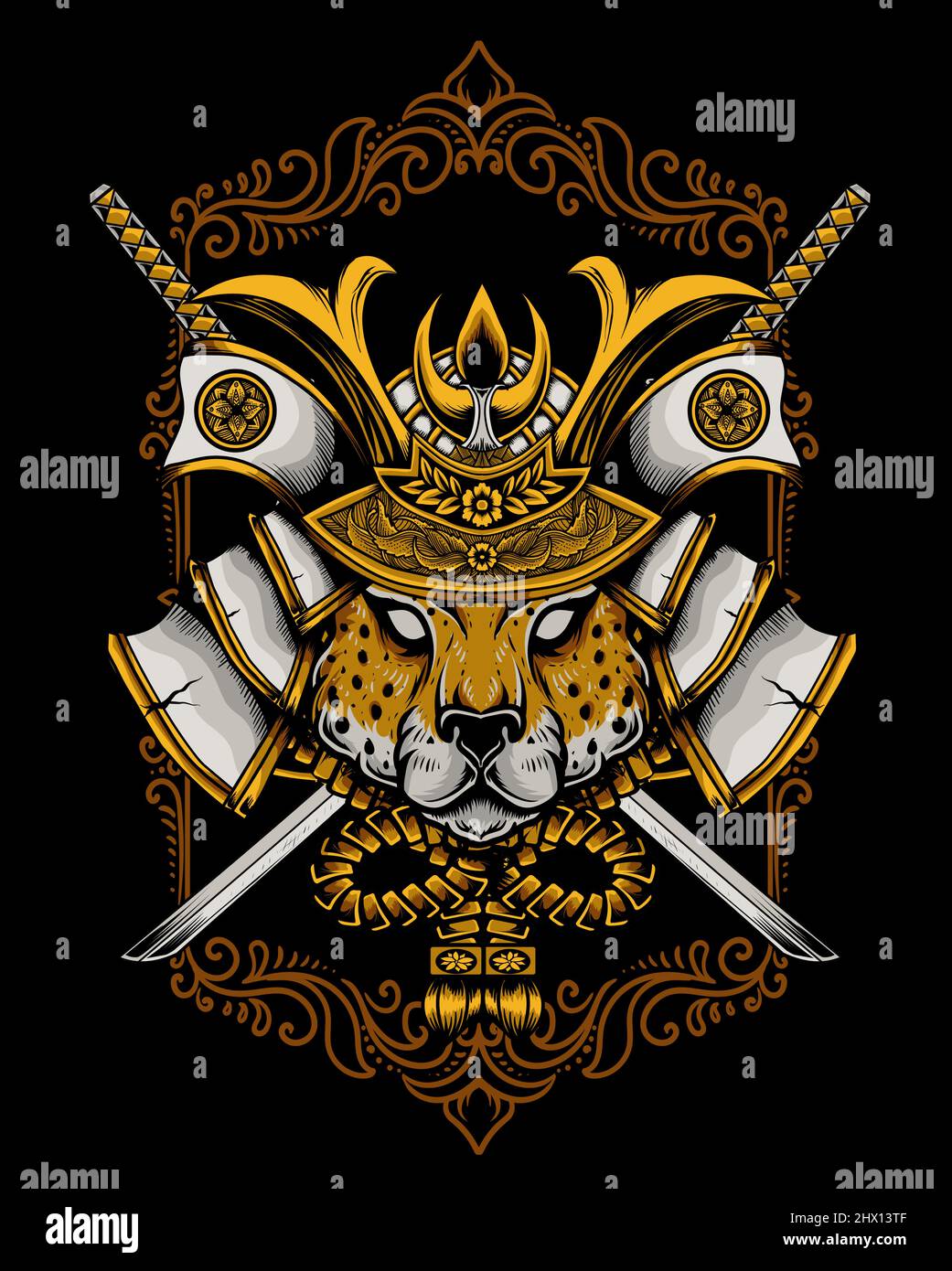 illustration vintage cheetah samurai head Stock Vector