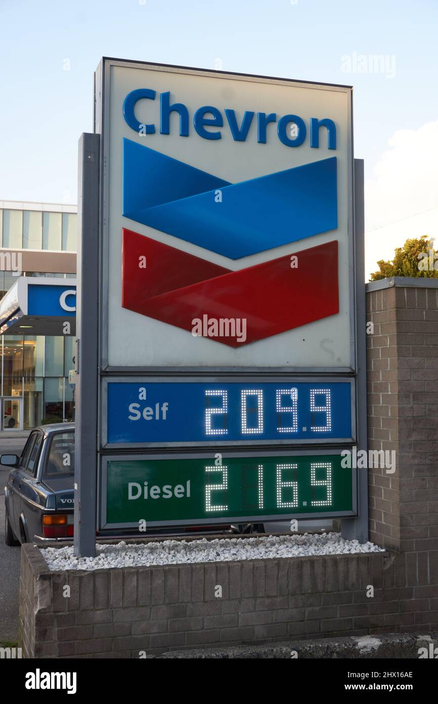 Vancouver, Canada. March 8, 2022. Gasoline prices in Vancouver have reached record levels making them the highest in North America. This is  due mainly to the Russian invasion of Ukraine. Prices today reached 209.9 cents per liter for regular gas and are expected to rise even higher. Stock Photo