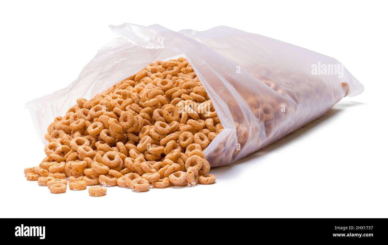Spilled Bag of Oat Loop Cereal Cut Out. Stock Photo